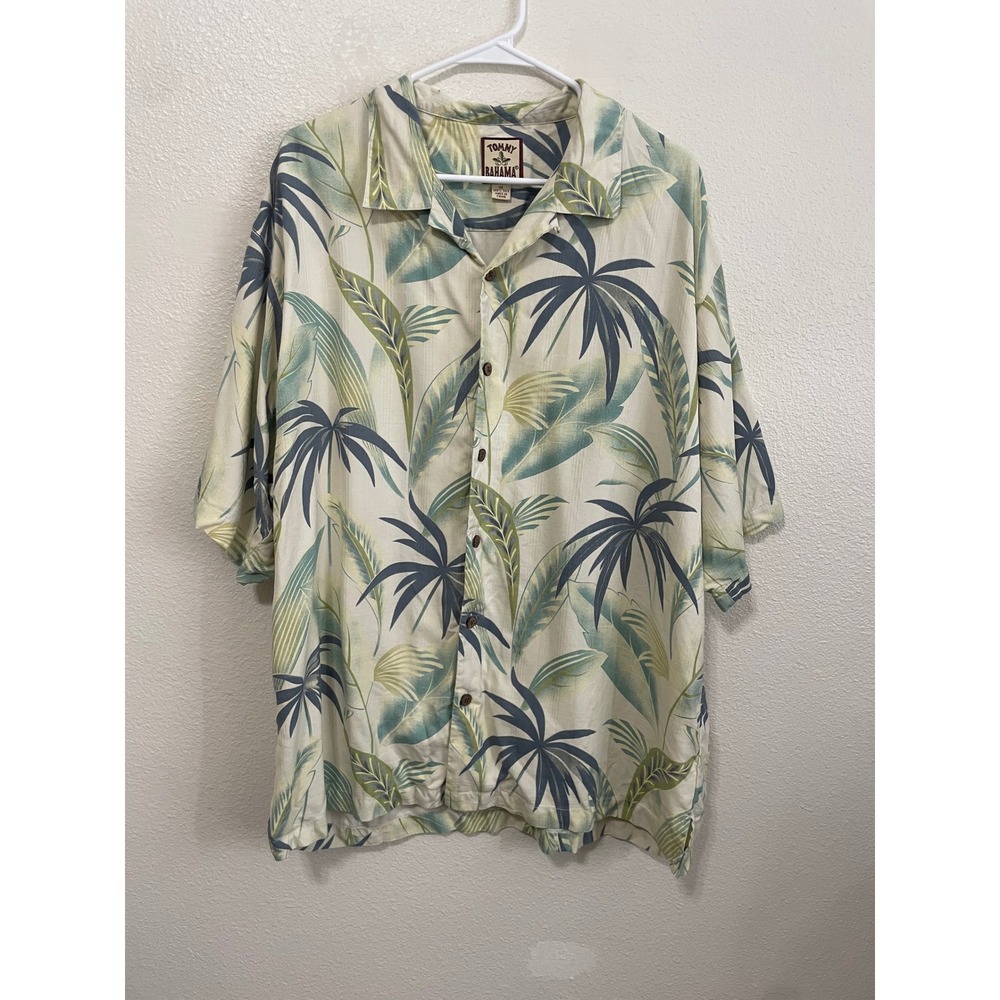 Tommy Bahama Silk Button Down Men XL Cream Green Palm Leaf Excellent Tropical
